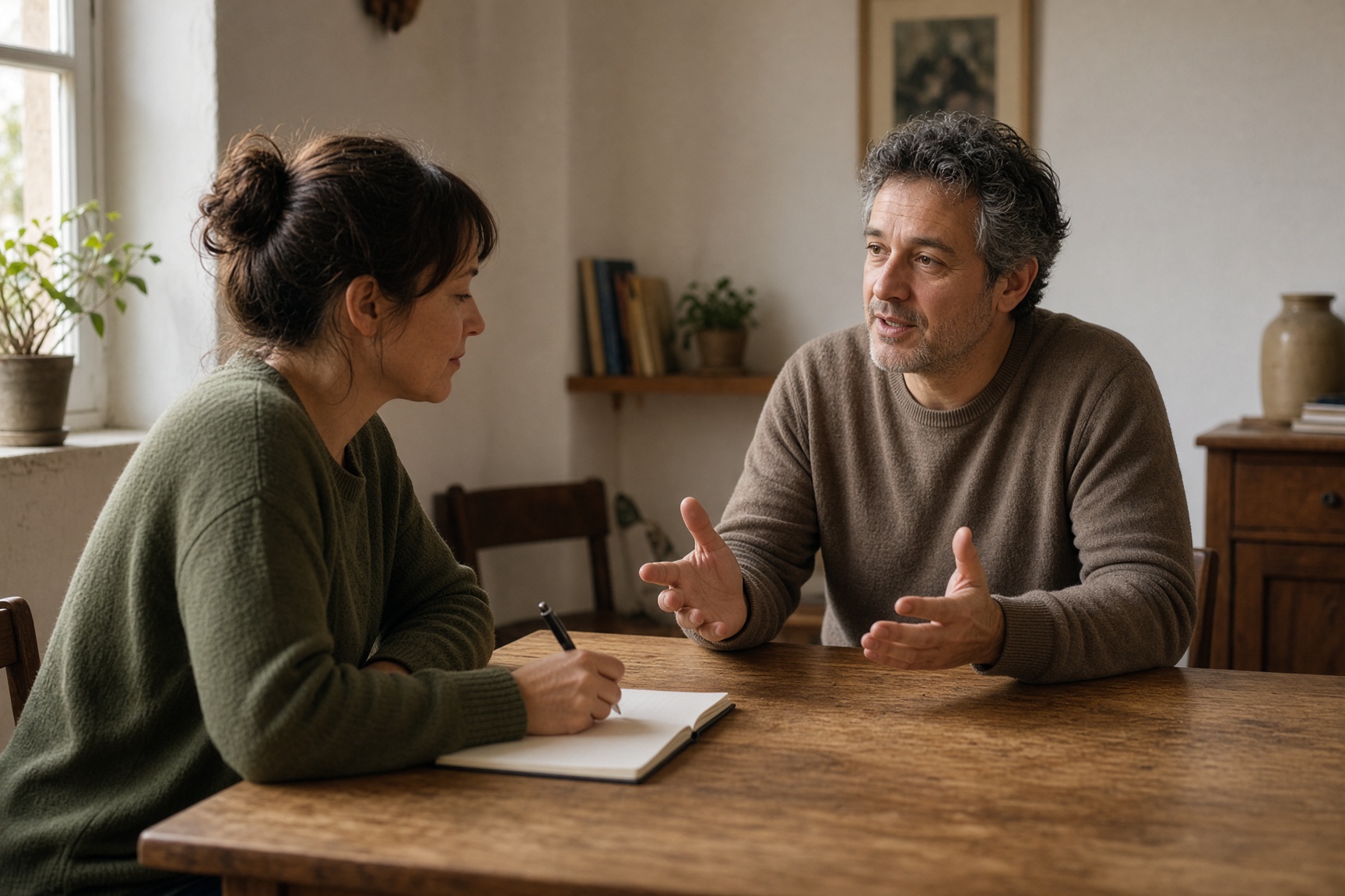 Two people in conversation at a sunlit table during a coaching session