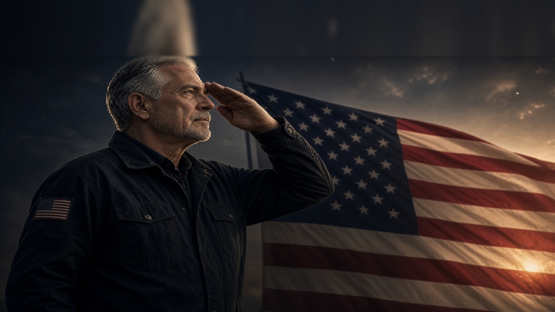 A veteran saluting before a sunlit American flag