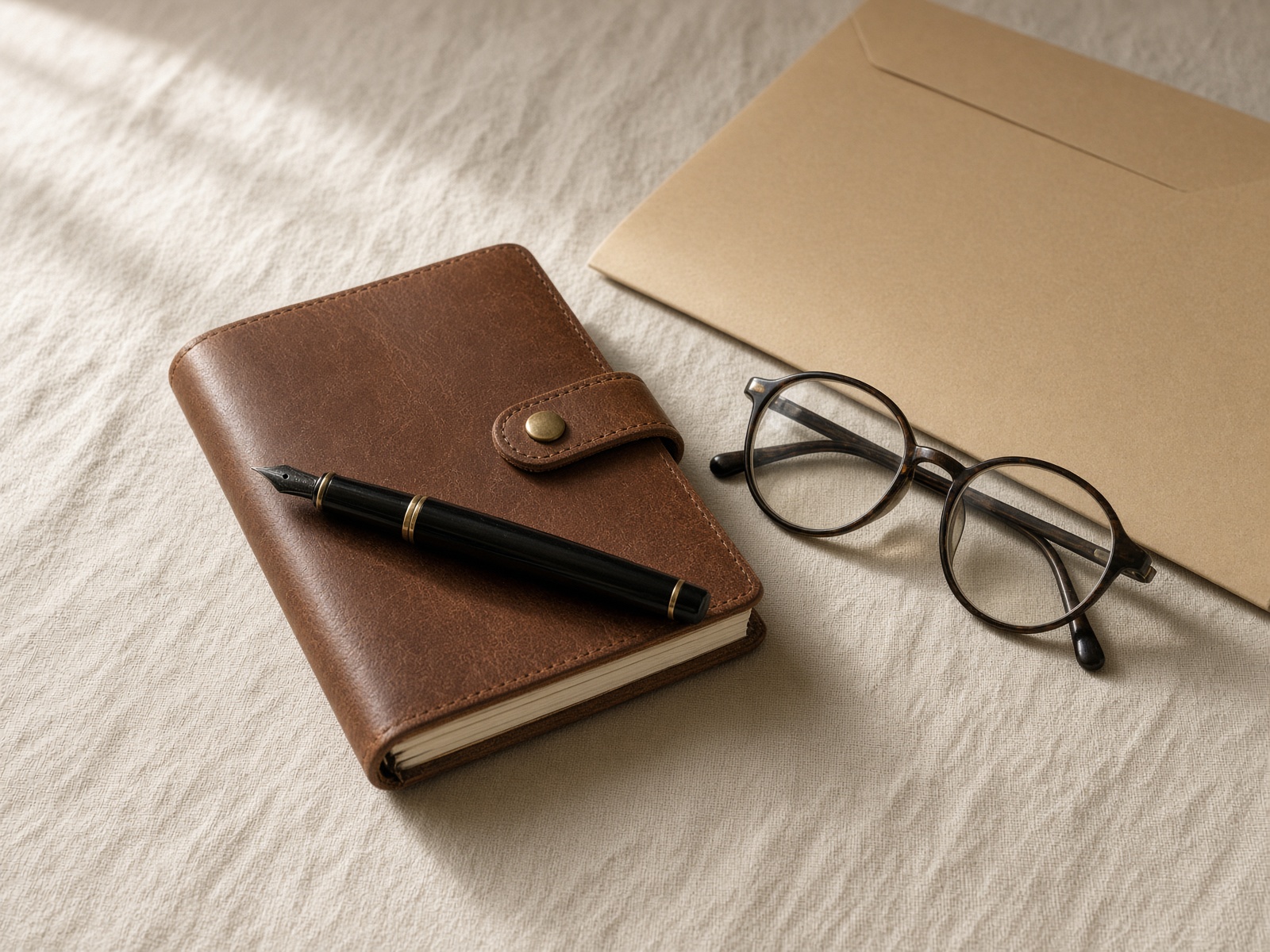 Notebook, pen, and reading glasses beside a closed folder